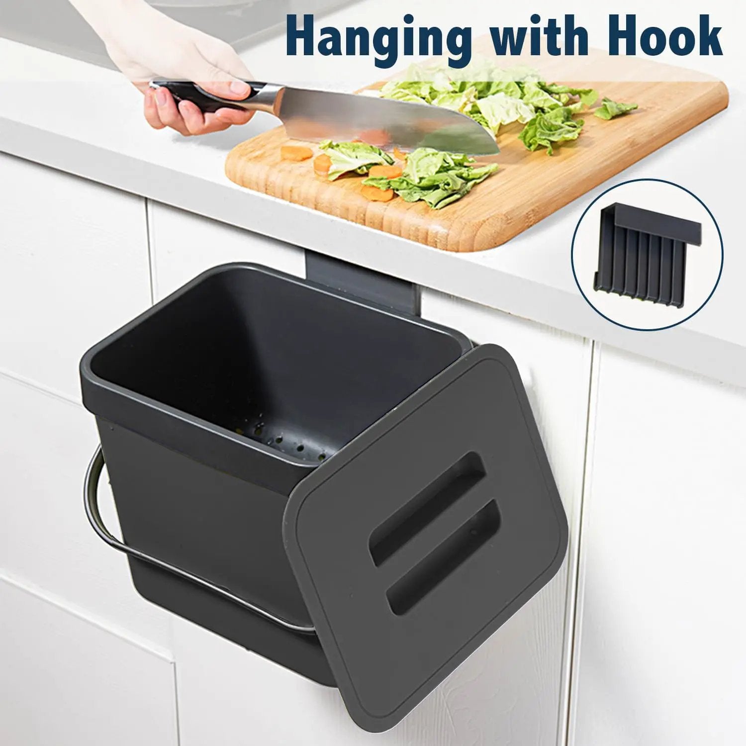 Kitchen Compost Bin, LALASTAR Food Waste Bin for Kitchen, Food Scrap Pail Bucket with Colander, Hanging Trash Can, 1.8 Gallons, Black by GreenHaven Gardens