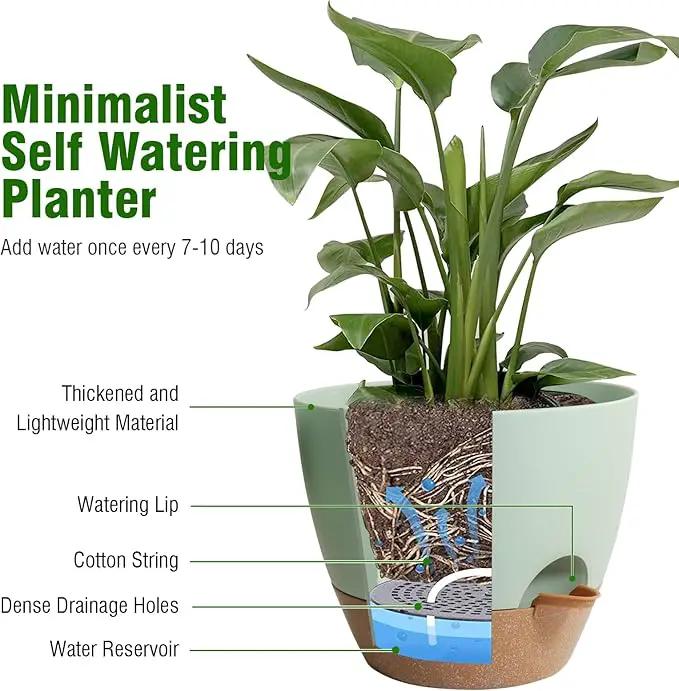 Big Self Watering Pots 12/10/9 inch, Planter, Plant Pots with Mesh Drainage Holes for Indoor Outdoor Garden Plants, Plastic Flower Pots with Removable Deep Reservoir, Green with Brown by GreenHaven Gardens
