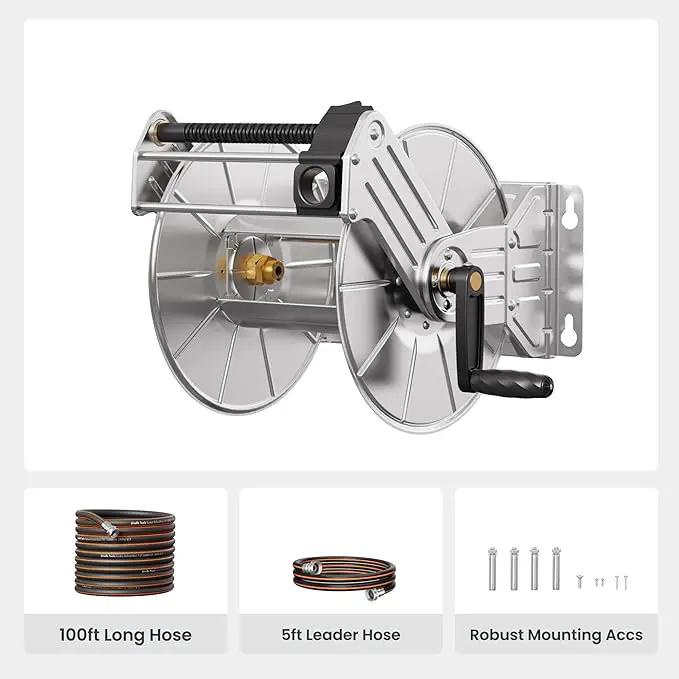 Giraffe Tools Stainless Steel Garden Hose Reel with 5/8" x 100 ft Heavy Duty Hose, Wall/Floor Mounted Metal Water Hose Reel with Crank Handle by GreenHaven Gardens