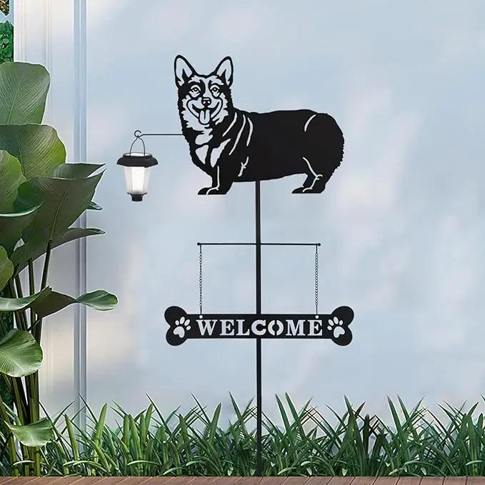 BAYN Solar Corgi Silhouette Dog Breed Welcome Sign with a Lantern Outdoor Decorative Garden Stakes for Yard, Lawn, Patio, Pathway by GreenHaven Gardens