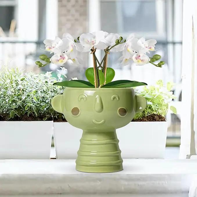 Face Planter Pots Head - 7 Inch Ceramic Succulent Plant Pots with Drainage Hole, Cute Head Planters for Indoor Outdoor Plants, Room Desk Office Decor, Plant Lover Gifts, Green by GreenHaven Gardens