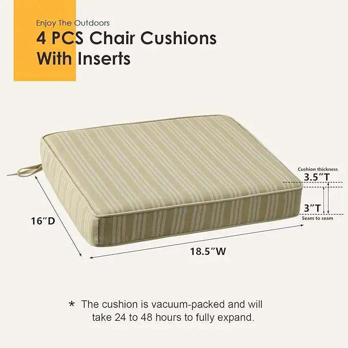Outdoor Square Corner Seat Cushion, 18.5"x16"x3", Set of 4, Non Slip Seat Cushion Pads with Removable Cover for Patio Furniture, Garden Yard Lawn, Beige Brown Stripe by GreenHaven Gardens