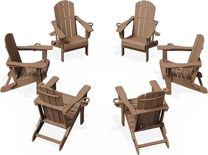 KINGYES Folding Adirondack Chair Set of 6, Dual Cup Holders & All-Weather HDPE, Wood-Like Patio Chair for Backyard, Camping, Pool & Fire Pit, Brown by GreenHaven Gardens