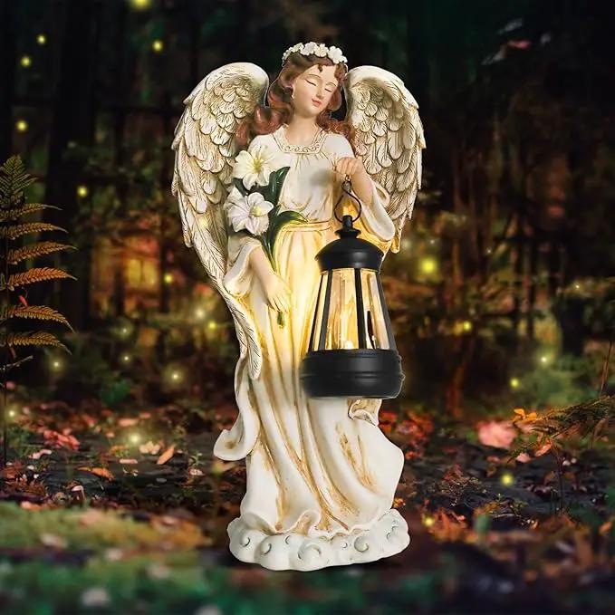 Solar Angel Outdoor Decor Garden Statues – 13.2 inches Angel Figurines Outdoor Sculptures with Solar Lantern for Outside Yard Art Patio Balcony Front Lawn Ornaments Gifts for Mom Grandma Women by GreenHaven Gardens