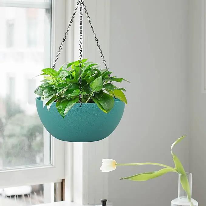 10 inch Hanging Planters for Outdoor Indoor Plants with Drainage Holes and Chain, 2 Pack Round Hanging Flower Pots for Garden Home Porch Decor, Blue Green by GreenHaven Gardens