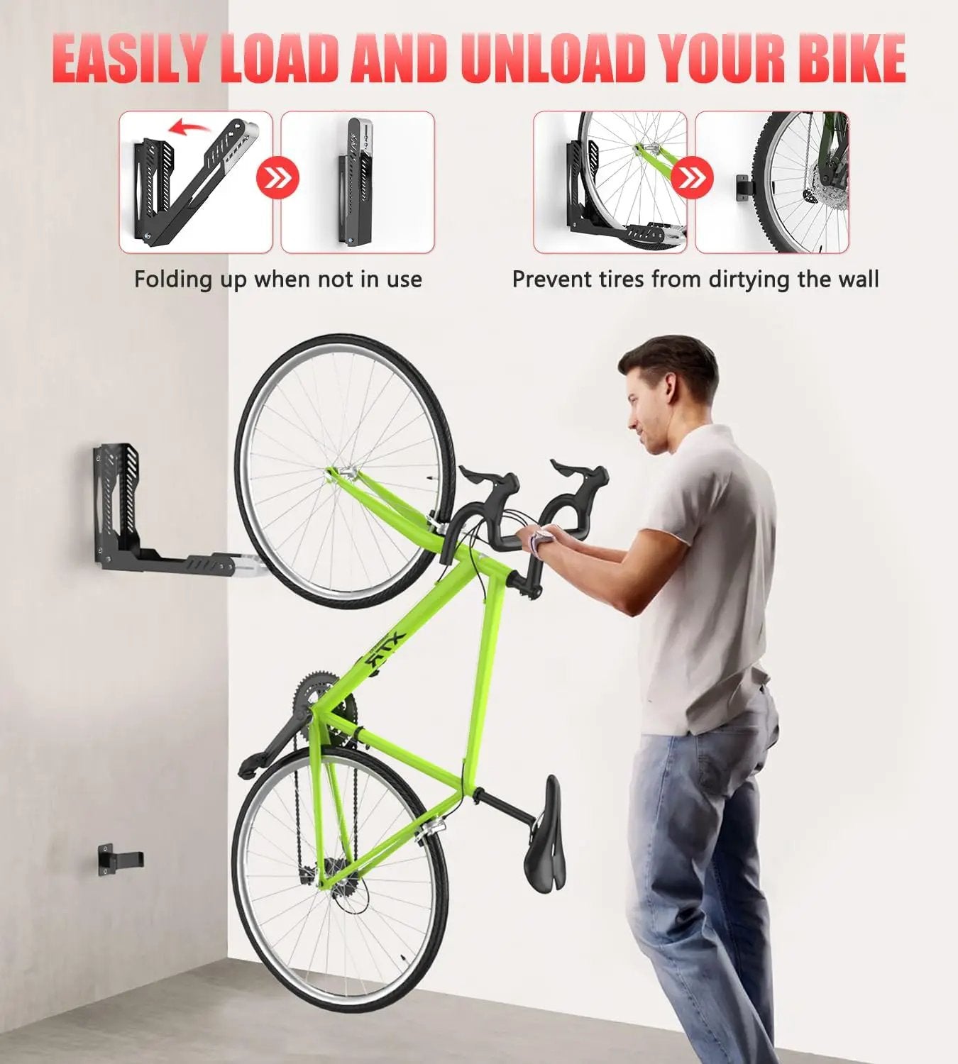 Swivel Bike Wall Mount, Space Saving Bike Rack Garage, No Heavy Lifting Required Bicycle Wall Mount, Vertical Wall Bike Hanger Can Holds up to 77 lbs, Black by GreenHaven Gardens