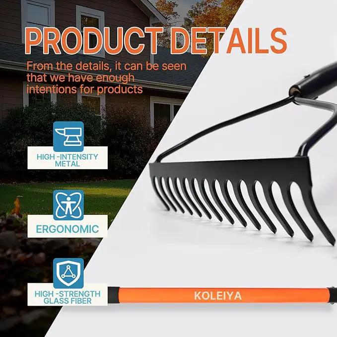 Garden Rake Heavy Duty with Orange Fiberglass Handle - 14-Tooth Metal Yard Hard Rake for Gardening, Farming, and Yard Work ,57 Inch by GreenHaven Gardens