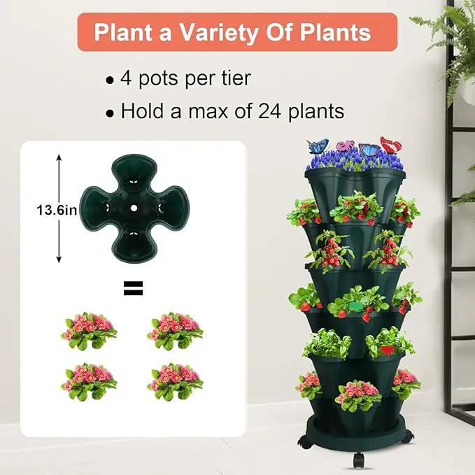 Vertical Planter, 6 Tier Stackable Strawberry Planter with Garden Tool Set, Movable Indoor/Outdoor Garden Herb Pot for Growing Vegetables and Succulents, Green by GreenHaven Gardens