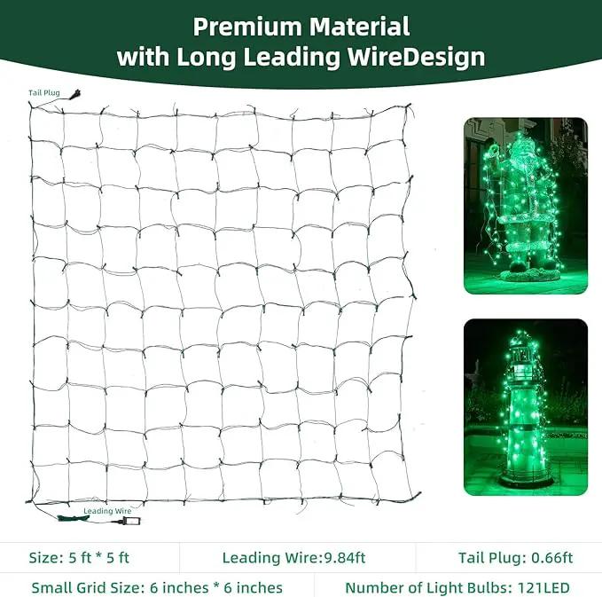 Led Net Lights Christmas Lights Outdoor Green Christmas Net Lighting with 121Led Mini Globe Lights 5ftx5ft, Outdoor Indoor Fairy Mesh Net Lights for Christmas Trees, Bushes, Shrubs Decorations by GreenHaven Gardens