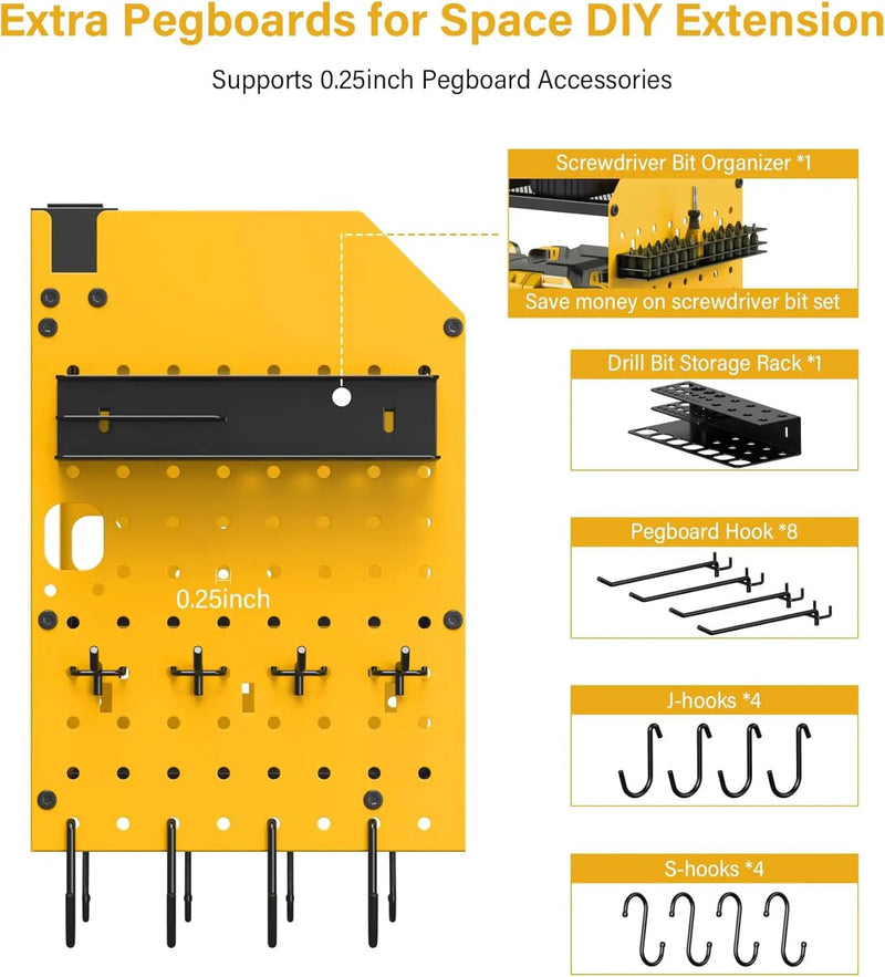 JUNNUJ Large Pegboard Power Tool Organizer with Charging Station, 8 Drills Driver and Tools Battery Holder Wall Mount with 8 Outlet Power Strip, Yellow 3-Layer Shop Garage Storage Utility Rack by GreenHaven Gardens