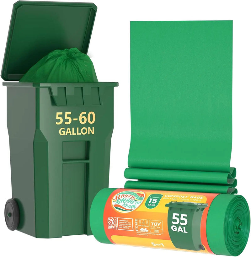 55-60 Gallon Compostable Trash Bags Liners, Heavy Duty Extra Thick 1.57 Mil, 208.2 Liter, 15 Bags, Lawn, Yard, and Restaurant Use, ASTM D6400, US BPI, OK Compost Home Certified by GreenHaven Gardens