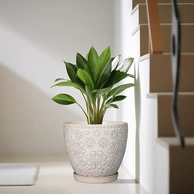 10 Inch Ceramic Planter Pot Large Plant Pot for Indoor Plants Outdoor Round Flower Pot with Drainage Hole and Saucer for Home Garden Decor White by GreenHaven Gardens
