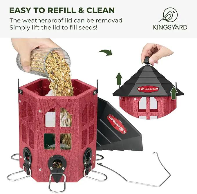 Kingsyard Wild Bird Feeder for Outdoor Hanging, Recycled Plastic Bird Feeders with 6 Ports & U-Shape Perch, Garden Yard Outside Decoration, 3.5 lbs Seed Capacity, Red by GreenHaven Gardens