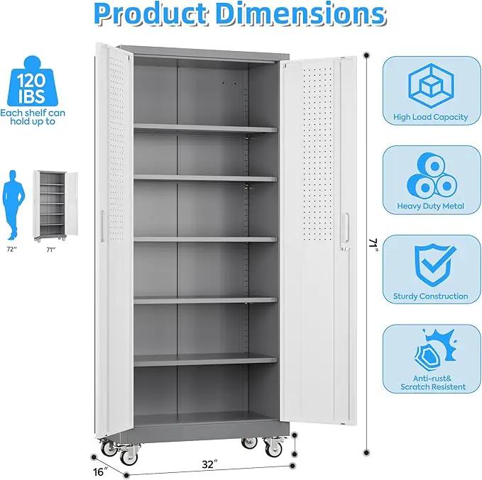 71" H×32" W×16" D Garage Storage Cabinet with Wheels & Pegboard, Locking Metal Storage Cabinet with Doors and 5 Adjustable Shelves & & 4 Hooks for Garage Warehouse Home Office, White and Gray by GreenHaven Gardens