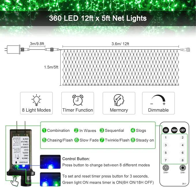 JMEXSUSS 360 LED Green Net Lights Outdoor, Connectable 12ft x 5ft Christmas Net Lights Plug in with Remote, 8 Modes Waterproof Green Christmas Lights for Bushes Christmas Halloween Decorations by GreenHaven Gardens