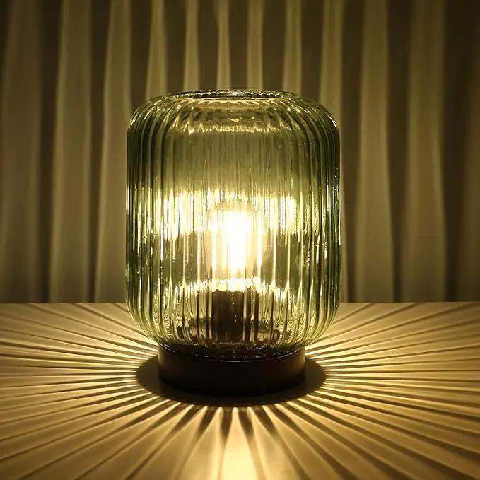Battery Operated Lamp, Cordless Table Lamps for Home Decor, Battery Powered Nightlight with LED Bulb, Decorative Glass Beside Lamp for Bedroom Living Room-Green by GreenHaven Gardens