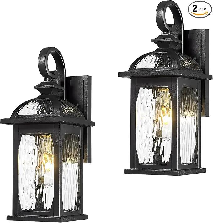 zeyu 2 Pack Outdoor Wall Lamps, 15-inch Black Exterior Light Fixtures for Patio House, Die-Cast Aluminum with Water Ripple Glass, Black Finish, ZD100B-2PK BK-WP by GreenHaven Gardens