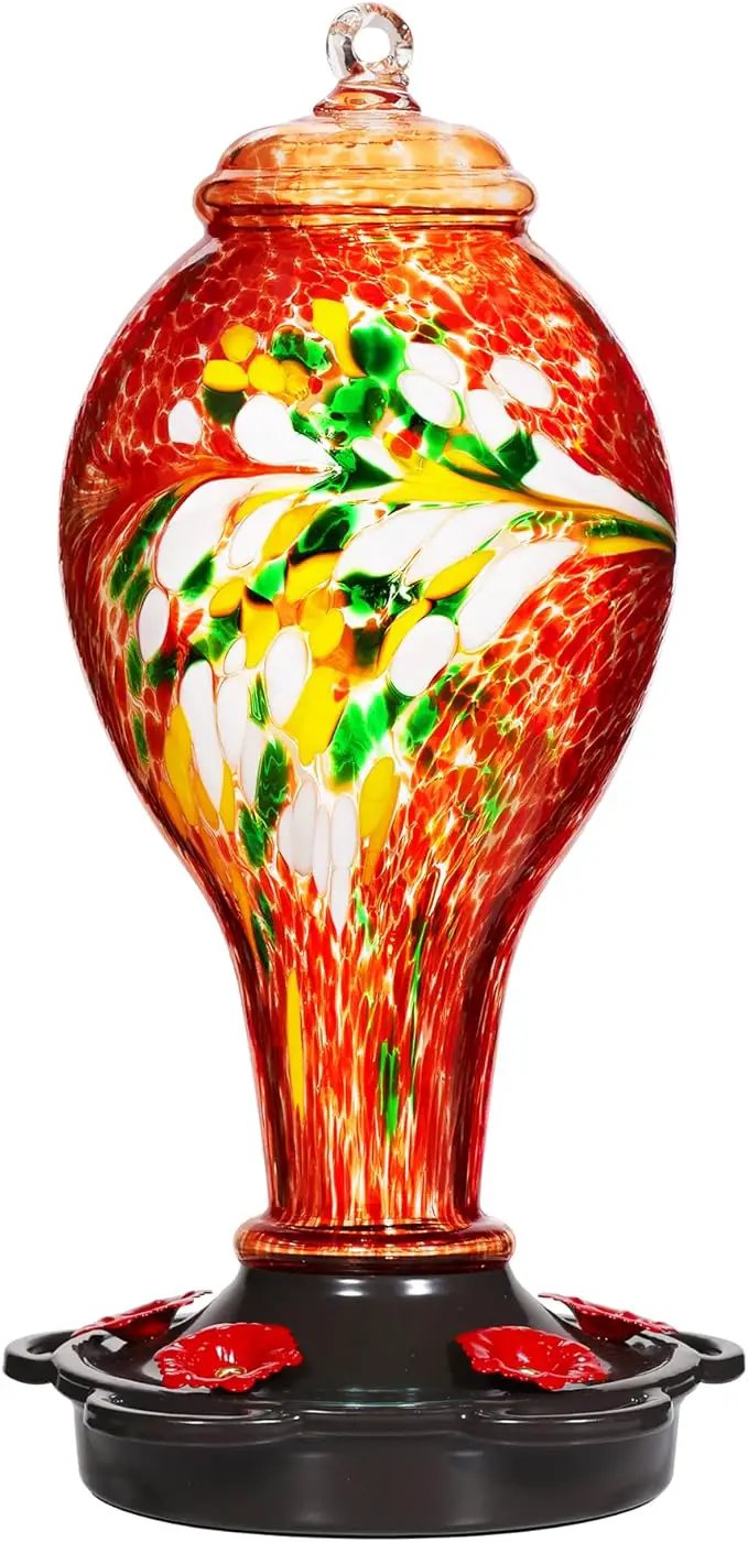 LUJII Hummingbird Feeder for Outdoors, Hand Blown Glass Humming Bird Feeder, Anti Fade Leakproof with 25 Ounces Nectar Capacity, Easy to Install Clean Refill, Include Hook & Ant Moat (Red) by GreenHaven Gardens