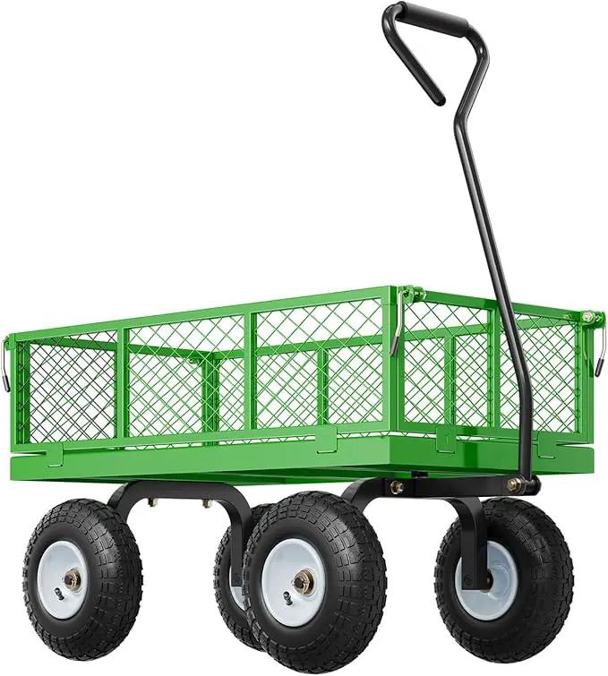 VEVOR 900 Lbs Steel Garden Cart on Wheels, Heavy Duty Pullable Garden Wagon Yard Cart, Outdoor Metal Utility Wagon with 10" Tires and Mesh Removable Sides(Convert to Flatbed), and 180°Rotating Handle by GreenHaven Gardens