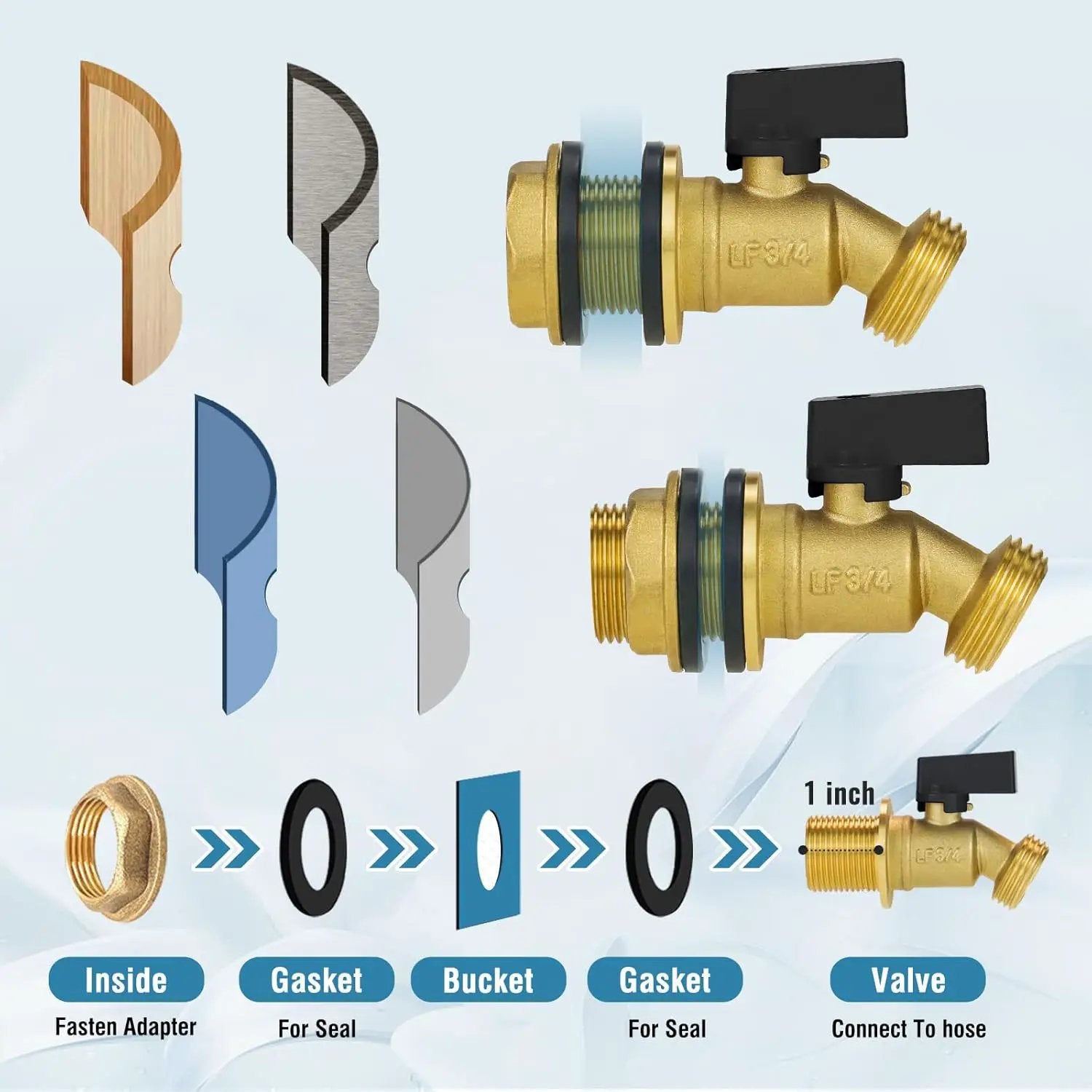 GHT 3/4 spigot for rain barrel parts kit, brass water barrel spigots accessories for 5/25 / 50/55 gallon bucket, garden hose connector adapter bulkhead fitting and drain valve diy kits by GreenHaven Gardens
