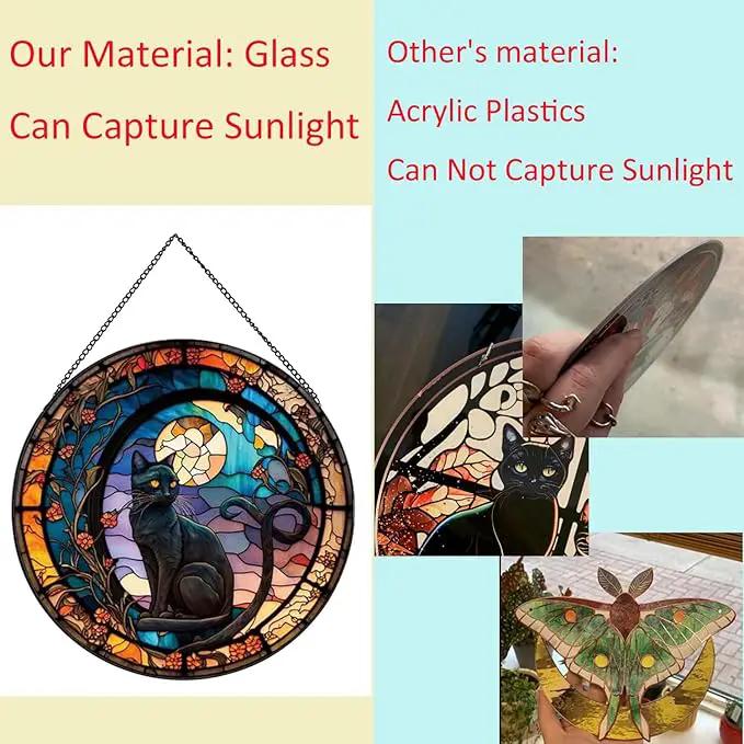 Black Cat Stained Glass Window Hangings,Suncatcher Stained Glass for Windows for Cat Lovers,20cm/7.87inch Hand-Painted Sun Catcher Garden Hangings Halloween Fall Christmas Decor for Home by GreenHaven Gardens