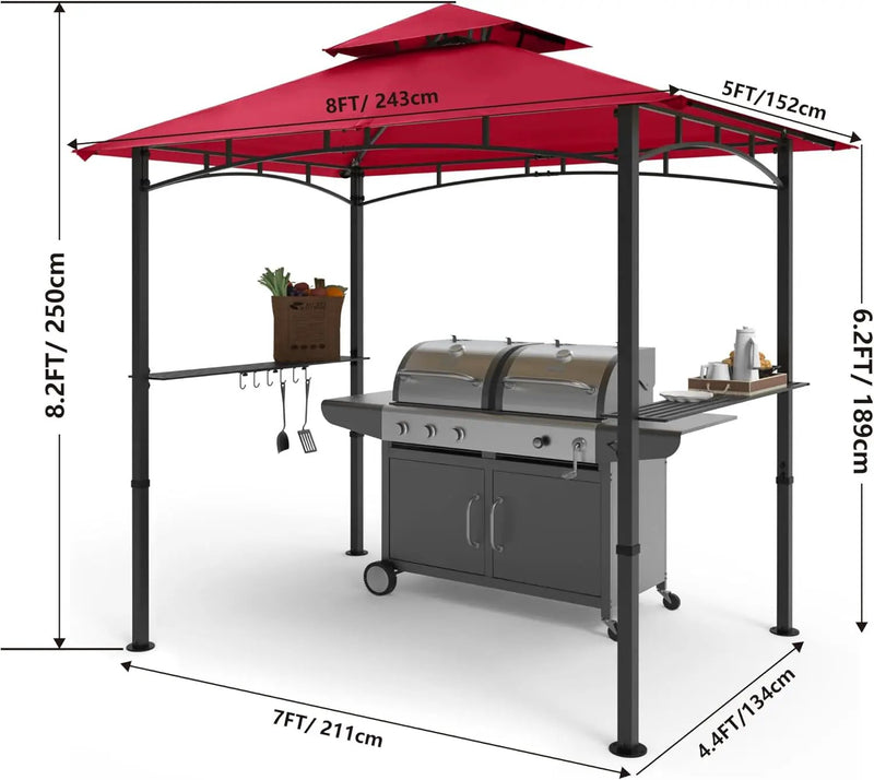 COOSHADE 8'x 5' Grill Gazebo Double Tiered Outdoor BBQ Gazebo Canopy with LED Light (Burgundy) by GreenHaven Gardens