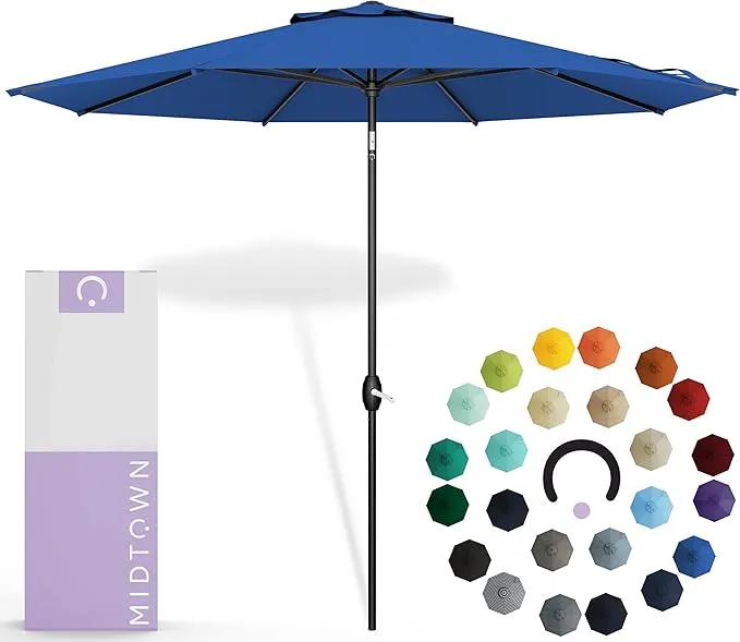 Midtown Umbrellas Sunbrella Umbrella 8 Feet Outdoor Umbrella With Sunbrella Dark Blue Acrylic Fabric - Auto-Tilt Aluminum Frame Patio Umbrella For Backyard, Deck, Garden, Pool - Black Pole by GreenHaven Gardens