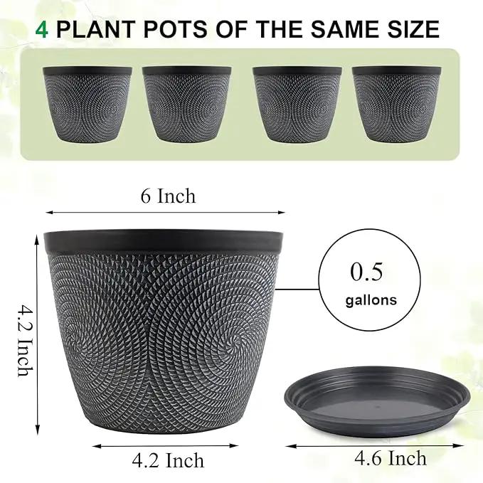 Quarut 4 Pack 6 Inch Flower Pots Planters for Outdoor Indoor, Plastic Plant Pots with Drainage Hole & Tray, Modern Decorative Garden Pot with Saucer, planters for House (Gray) by GreenHaven Gardens