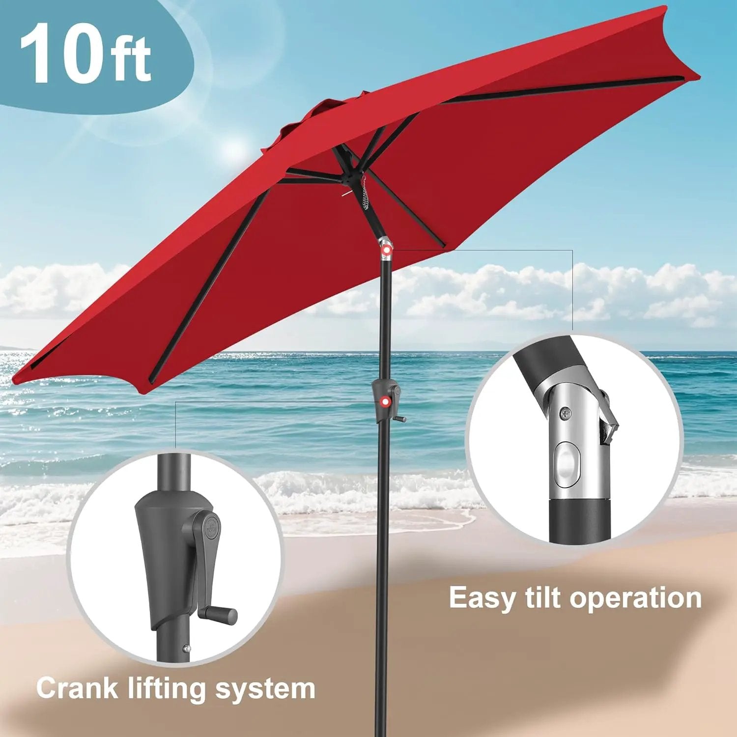 FLAME&SHADE 10ft Patio Umbrella - Outdoor Umbrella with 6 Sturdy Ribs, Push Button Tilt and Crank, UV Protection Table Market Umbrella for Pool, Porch，Garden, Deck, Backyard (Red) by GreenHaven Gardens