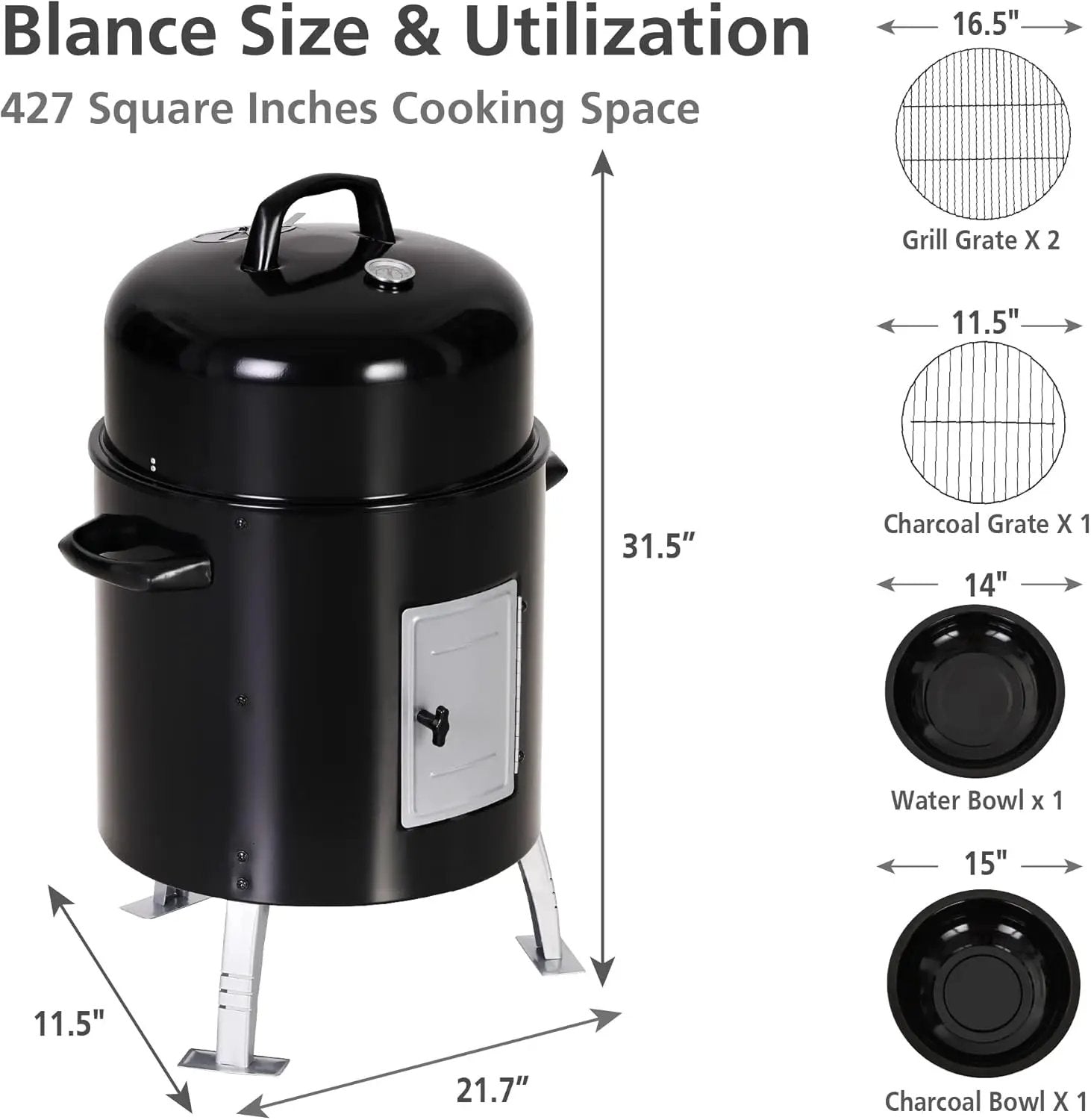 Sophia & William 17" Vertical Charcoal Smoker Grills with Two-Tier Grates, Heavy-Duty Integral Chamber and Tunnel Ventilation System for BBQ, Patio, Outdoor Camping(Black) by GreenHaven Gardens