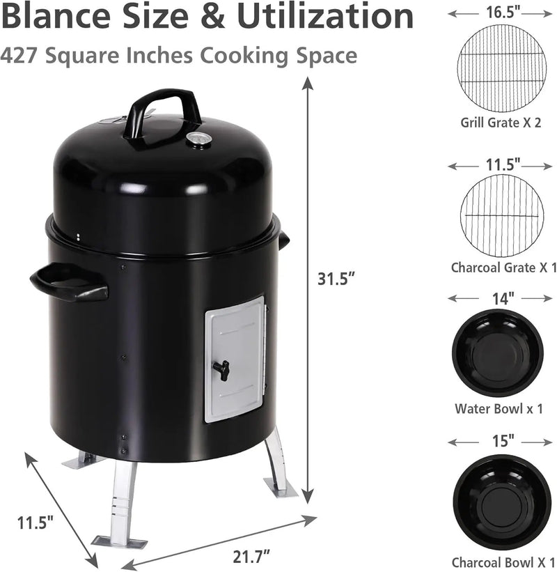Sophia & William 17" Vertical Charcoal Smoker Grills with Two-Tier Grates, Heavy-Duty Integral Chamber and Tunnel Ventilation System for BBQ, Patio, Outdoor Camping(Black) by GreenHaven Gardens