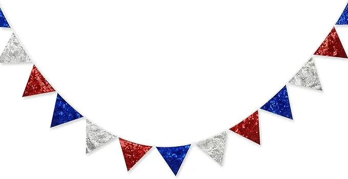 pinkblume Red Blue Silver Decorations Double Sided Sequin Fabric Triangle Pennant Banner Flag Bunting Garland for Nursery Classroom Home Bedroom Wall 4th of July American Veterans USA Holiday Decor by GreenHaven Gardens