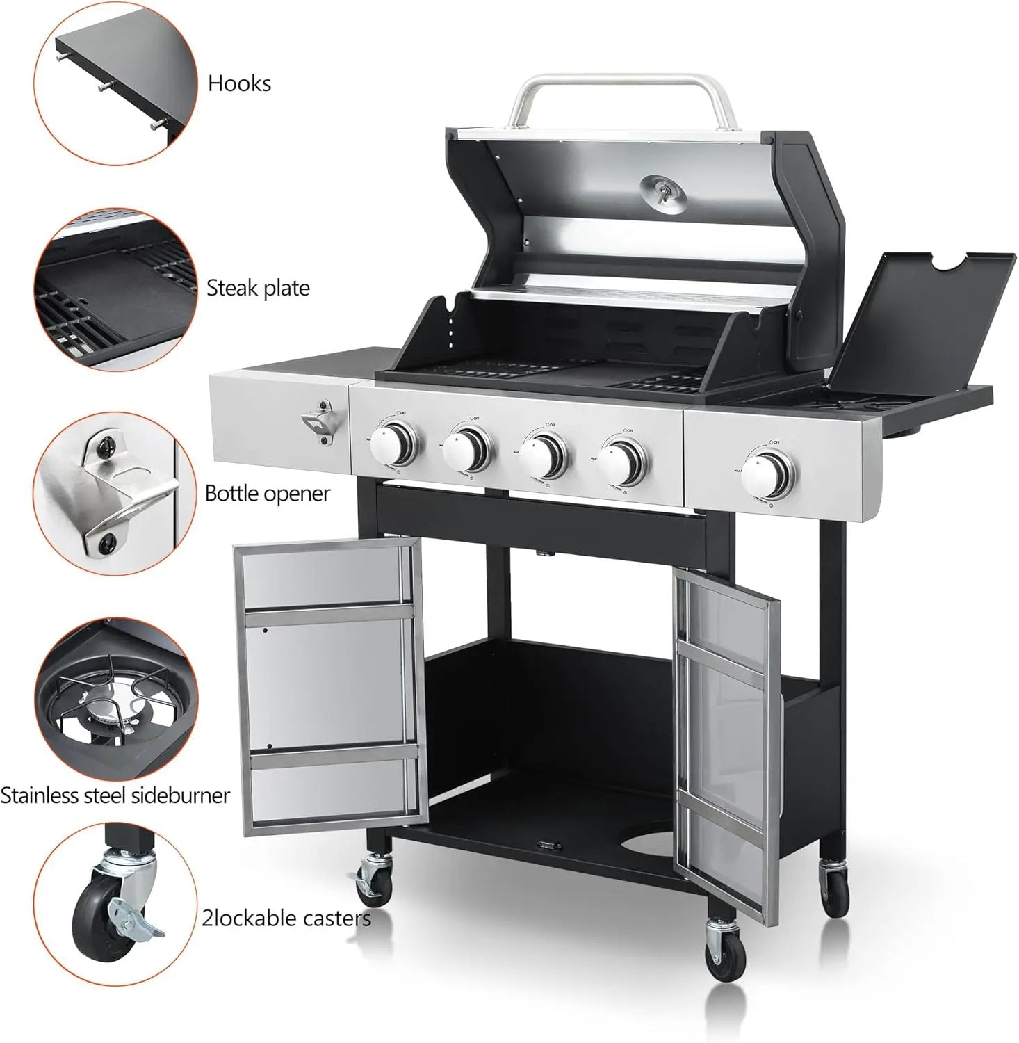 4-Burner Propane Gas BBQ Grill with Side Burner, 46,790 BTU Output, Enameled Cast Iron Grates, Heavy-Duty Stainless Steel Outdoor Grill for Backyard Barbecue by GreenHaven Gardens