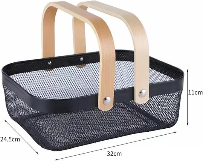 Metal Mesh Steel Basket, Storage Organizer Basket Garden Harvest Basket Multi-functional Kitchen Fruit Baskets Bin with Wooden Handle for Bathroom Picnic Shopping Decor Cabinet Home, Black by GreenHaven Gardens