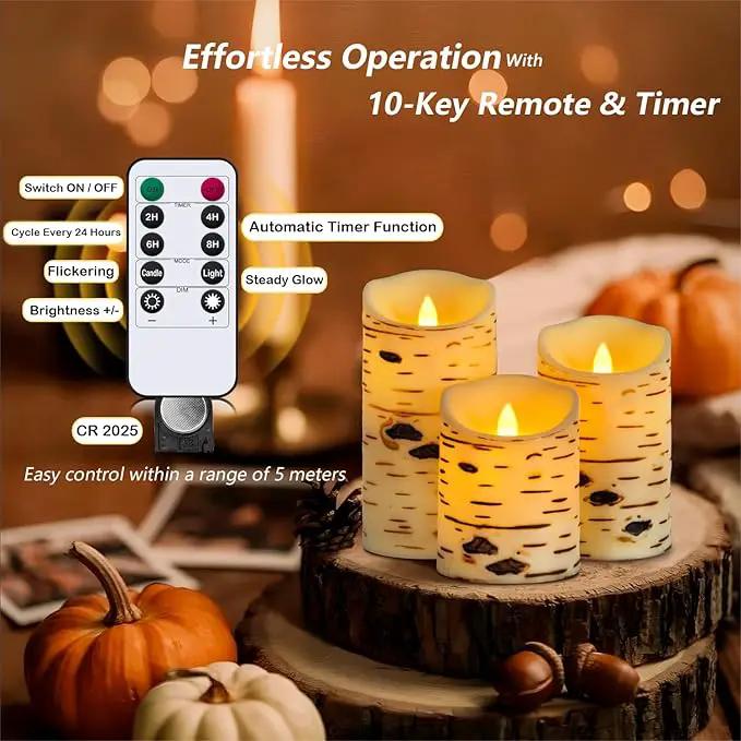 Metaku Flameless Candles Battery Operated Set of 3 Birch Bark LED Pillar Candles with Remote,3D Moving Wick Electric Decorative Candles for Christmas Party Wedding Home Bedroom,D 3"×H4 5" 6" by GreenHaven Gardens