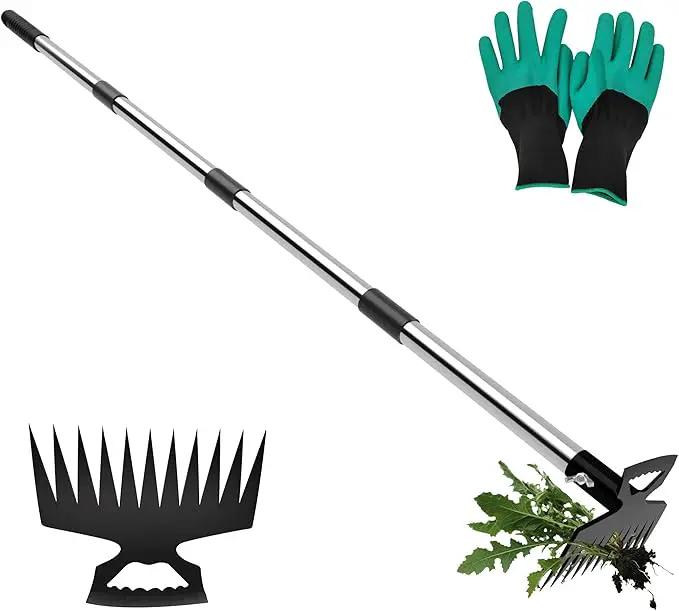 Weeding Puller Tool with Long Handle, 11 Tooth Manual Weed Rake Weeder Remover Tool Gardening with Gloves, Dandelion Gardenia Uprooting Tool for Yard, Lawn, Patio and Garden by GreenHaven Gardens