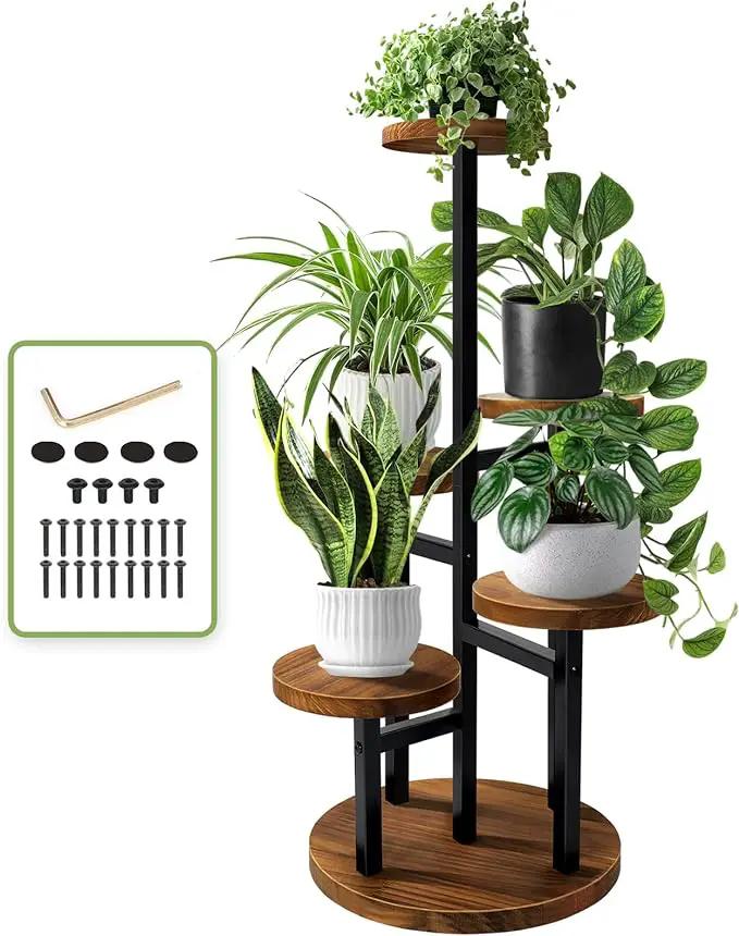AUGOSTA 5 Tier Plant Stand, Tall Metal Wood Shelf Holder for Indoor Plants, Outdoor Garden Plant Display Rack Flower Pot Stand for Corner Living Room Balcony Garden Patio by GreenHaven Gardens