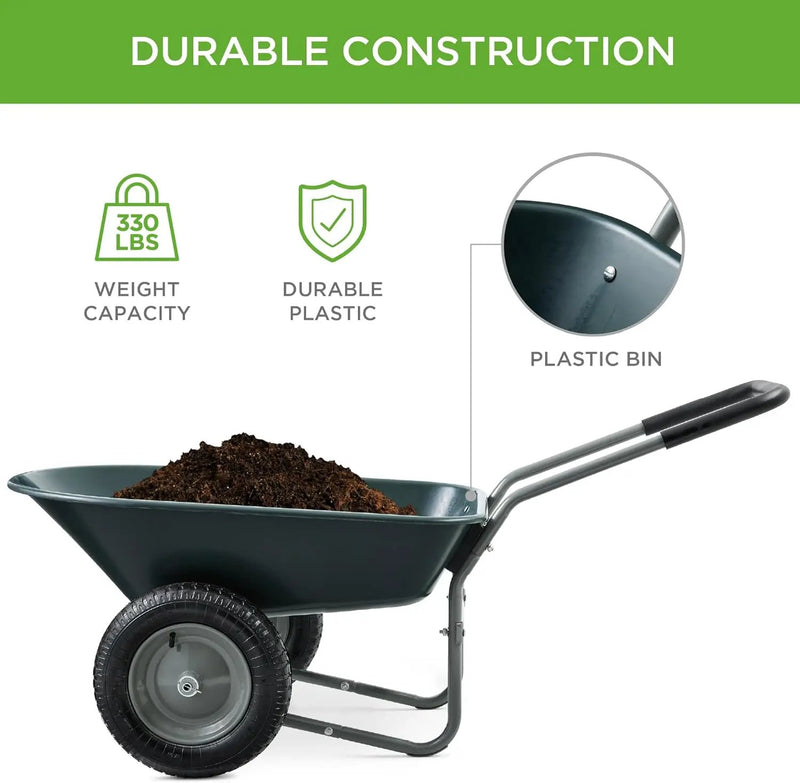 Best Choice Products Dual-Wheel Home Utility Yard Wheelbarrow Garden Cart w/Built-in Stand for Lawn, Gardening, Construction - Dark Gray by GreenHaven Gardens