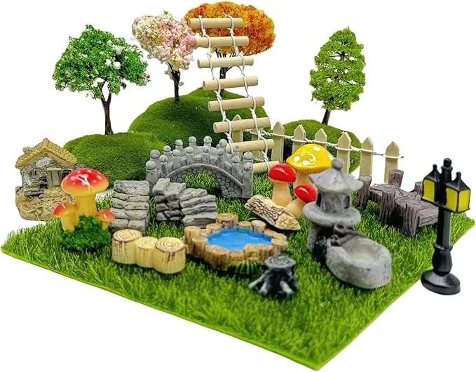 23 Pcs Fairy Garden Miniatures Jumping Spider Enclosure Accessories, Mini Bridge Fence Pond Street Lamps Mushroom Lawn Figurines Garden Decorations for Jumping Spider Habitat by GreenHaven Gardens
