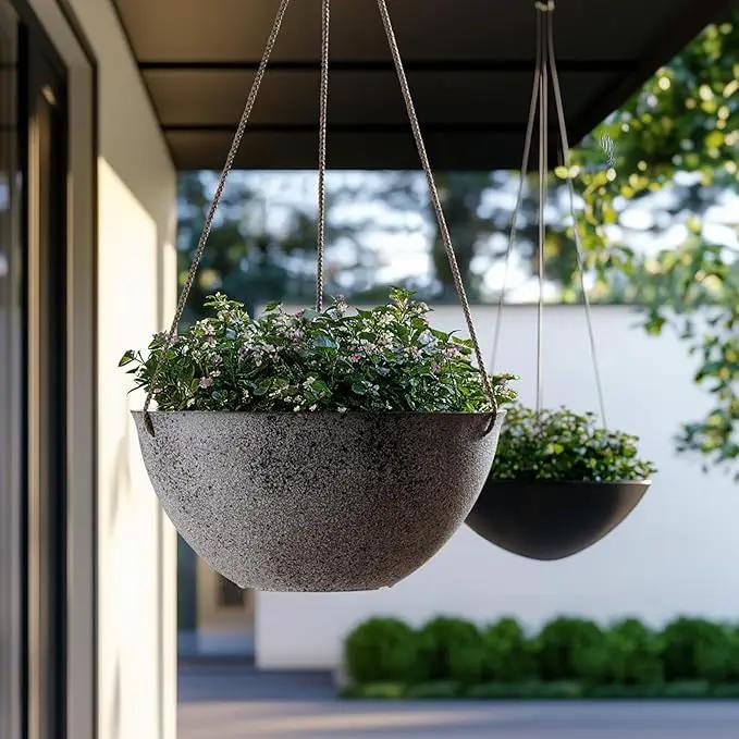 LA JOLIE MUSE Large Hanging Planters for Outdoor Plants - 13 Inch Hanging Flower Pots with Drainage Holes, Set of 2, Rock Grey by GreenHaven Gardens