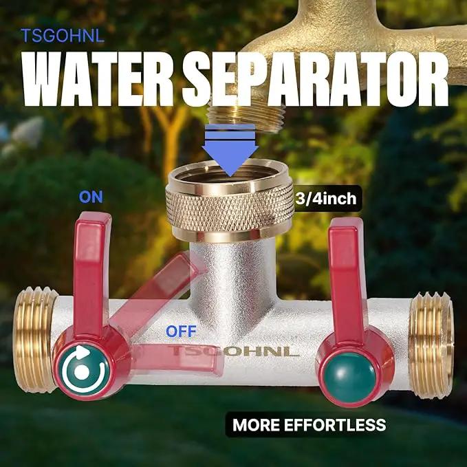 Brass Garden Hose Splitter, 2-Way Heavy Duty Faucet Splitter, 180° longitudinal，Frost Resistant Faucet Diverter for GHT 3/4" Connectors，2 protectors to prevent hose kinking by GreenHaven Gardens