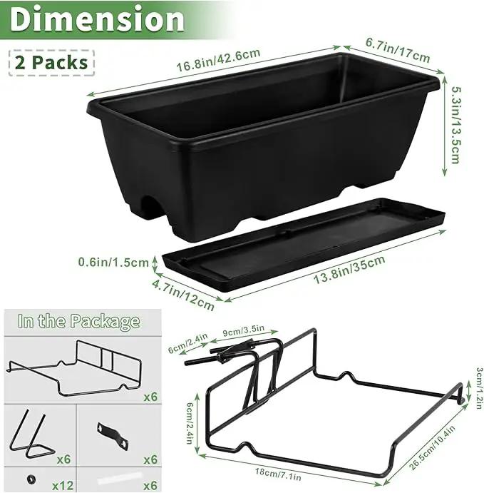 HAITRAL Hanging Planters for Outdoor Plants,Deck Railing Planter Boxes Countryside Style Window Boxes Planters, Balcony Flower Pots Plastic Railing Planter with Metal Brackets for Fence,Black 2 Pcs by GreenHaven Gardens