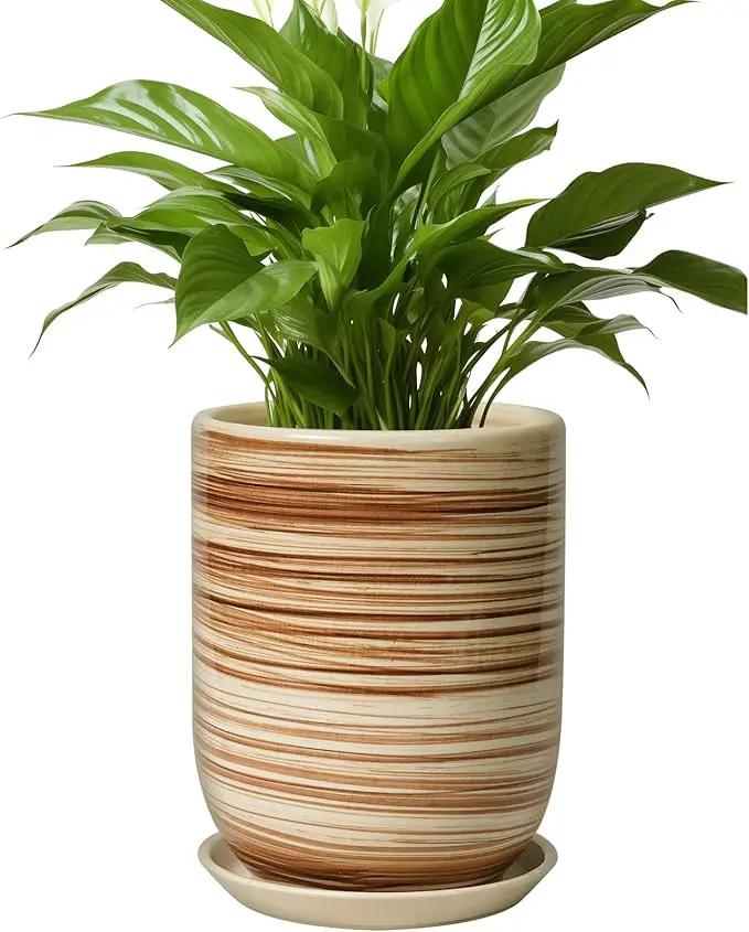 8 Inch Plant Pot, Ceramic Planter for Outdoor Plants, Large Plant Pot Indoor with Drainage Hole and Saucer, Modern Flower Pot for Home Garden Decor Yellow by GreenHaven Gardens