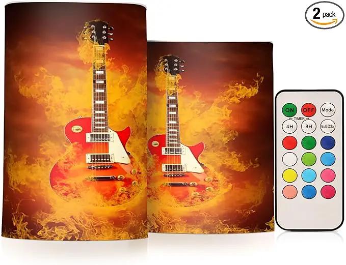 Flickering Flameless Candles, Rock Guitar in Fire Flames LED Candles with Remote Timer, Set of 2 Battery Operated Candle for Valentine Wedding Birthday by GreenHaven Gardens