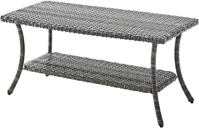 Patio Tables Outdoor Coffee Table - Wicker Rattan Coffee Tables with 2-Tier Storage Shelf Side Table for Porch Deck Balcony Garden Outside Rectangle Mixed Grey by GreenHaven Gardens