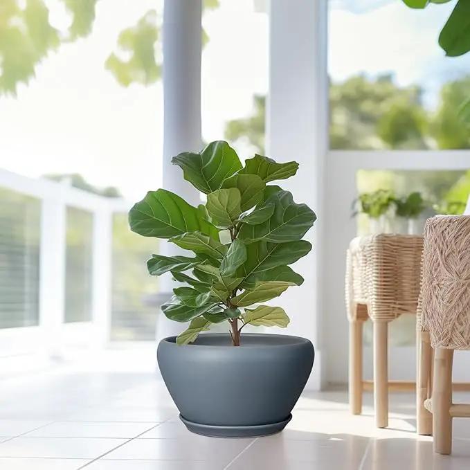 Ceramic Planter - 13 Inch Planter for Indoor Plants Large Plant Pot with Drainage Hole and Saucer Round Outdoor Planter Modern Flower Pot for Home Decor Gray by GreenHaven Gardens