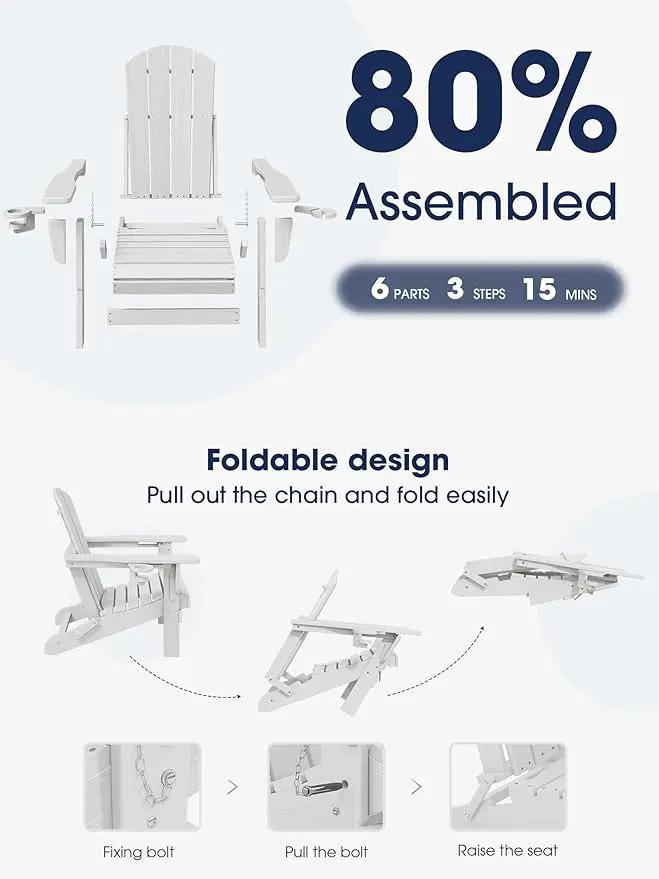 KINGYES Folding Adirondack Chair Set of 8, Dual Cup Holders & All-Weather HDPE, Wood-Like Patio Chair for Backyard, Camping, Pool & Fire Pit, White by GreenHaven Gardens