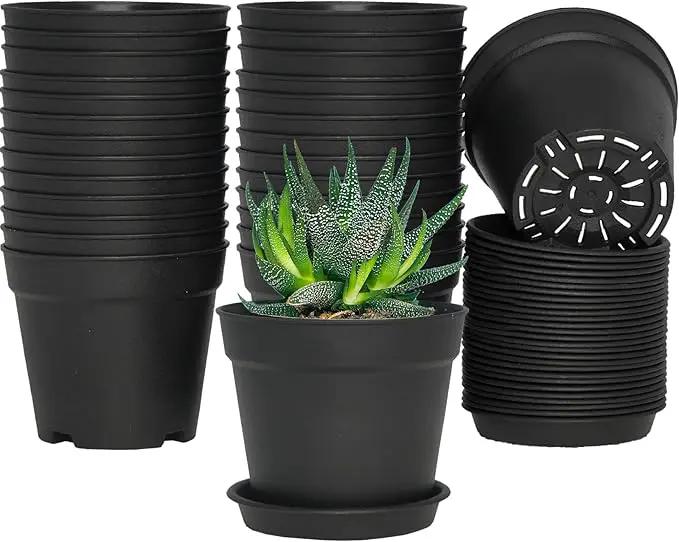 4 inch Small Plant Pots, 28 Pack Plastic Planters with Drainage Holes and Saucers for Flowers Plants, Succulents, Seed Starting Pots, Black by GreenHaven Gardens