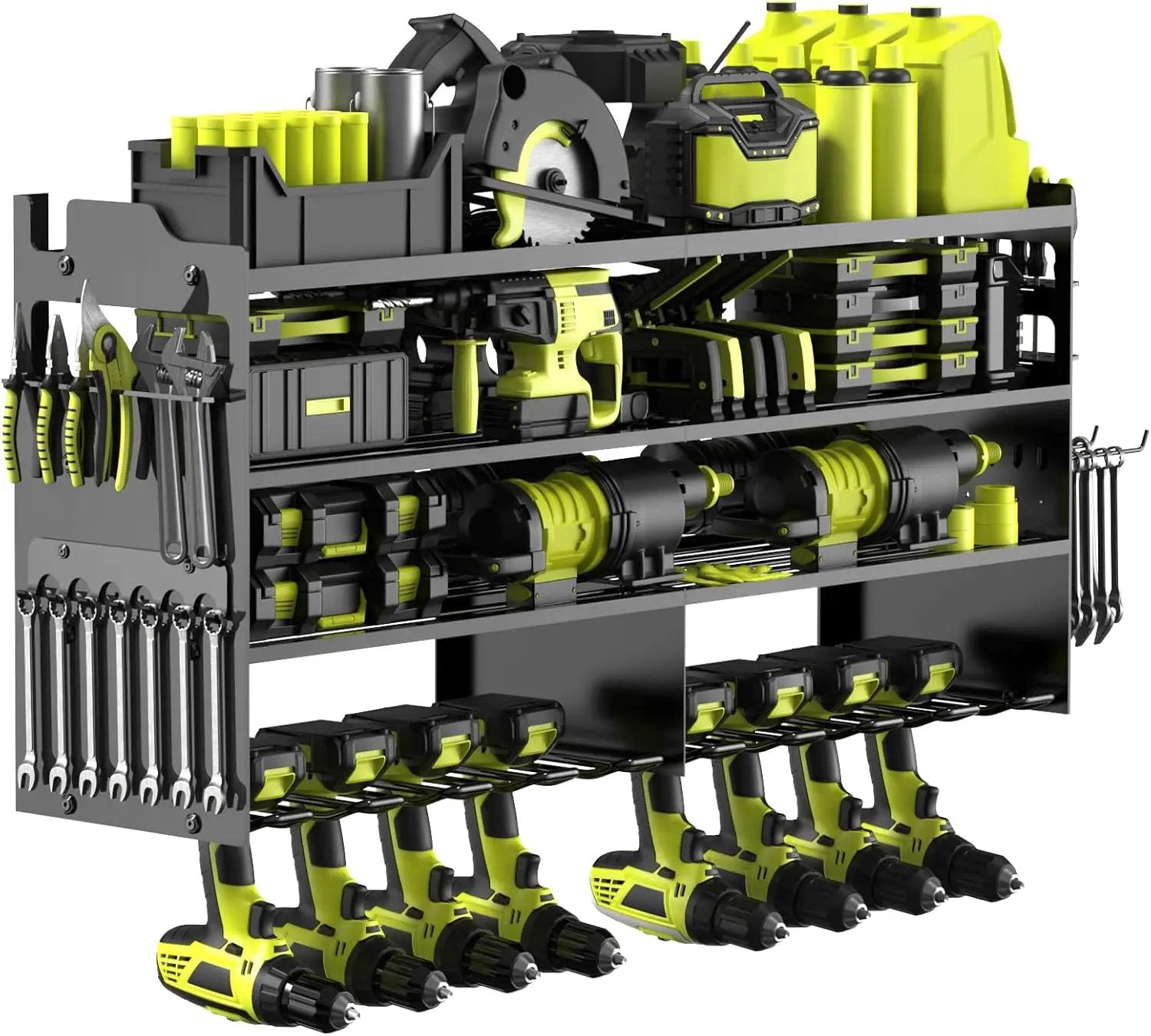 Power Tool Organizer Wall Mount with 8-Drill Holders-600Lbs Load Heavy Duty Metal 4-Layers Garage Storage & Organization Battery Tools Rack with Side Panels Utility Racks Workshop Gifts for Men by GreenHaven Gardens