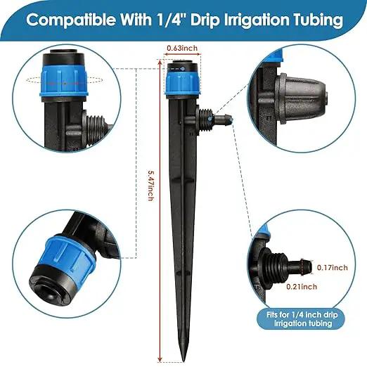Drip Irrigation Emitters Fittings: Adjustable Irrigation Sprayer for 1/4 inch Drip Tubing Full Circle Vortex Stream Dripper on 5" Arrow Stake Barbed Locked Nuts Connectors (50 Pieces) by GreenHaven Gardens